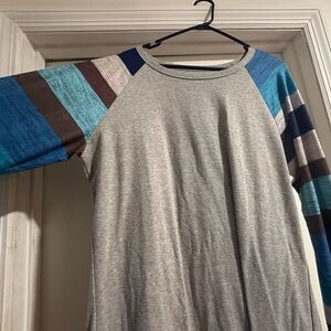 Gray Raglan Shirt with Striped Sleeves